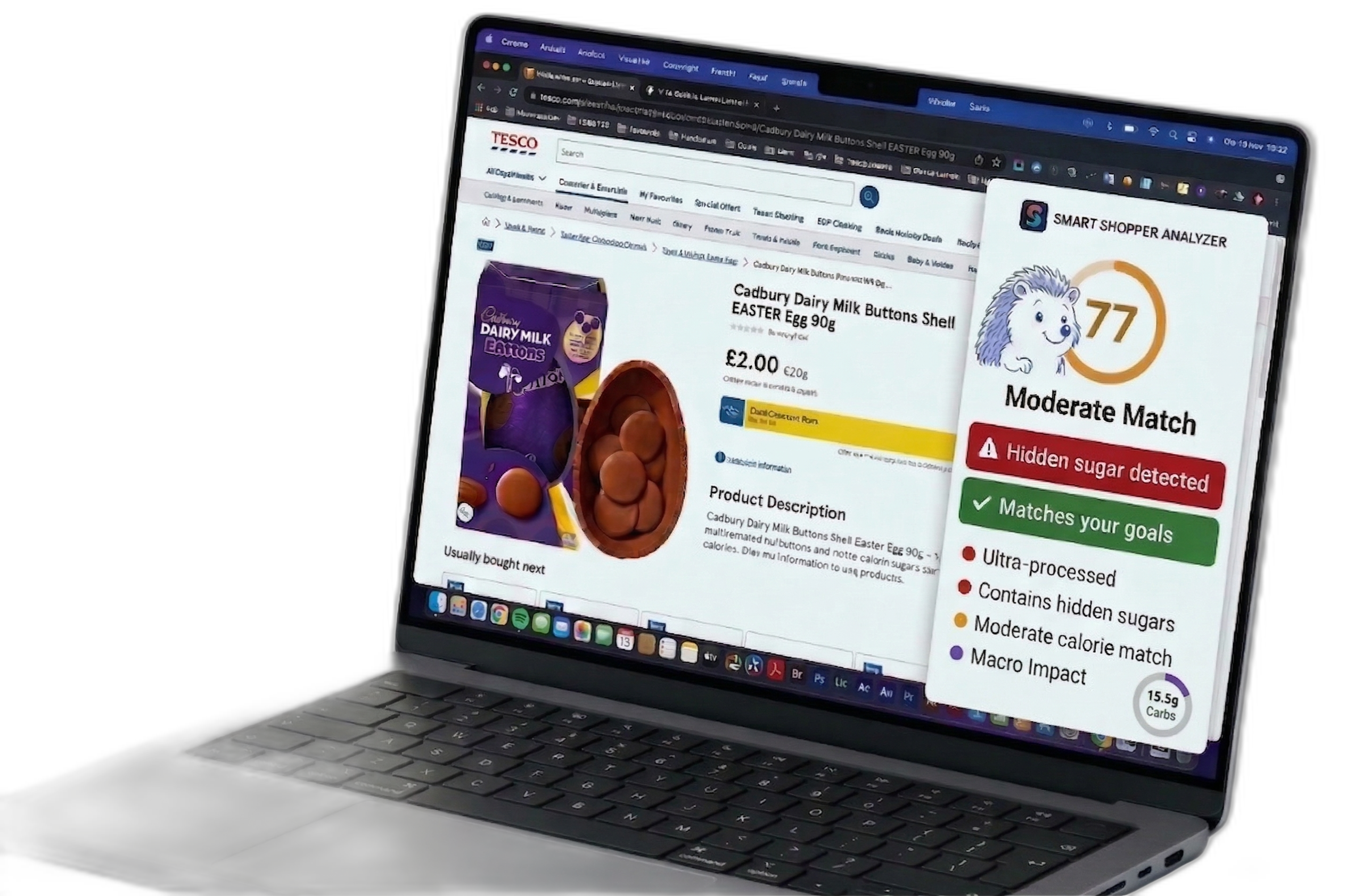 SpikeSaver Chrome extension running on Tesco.com, showing a health score of 77 for Cadbury Dairy Milk Buttons Easter Egg with the hedgehog mascot